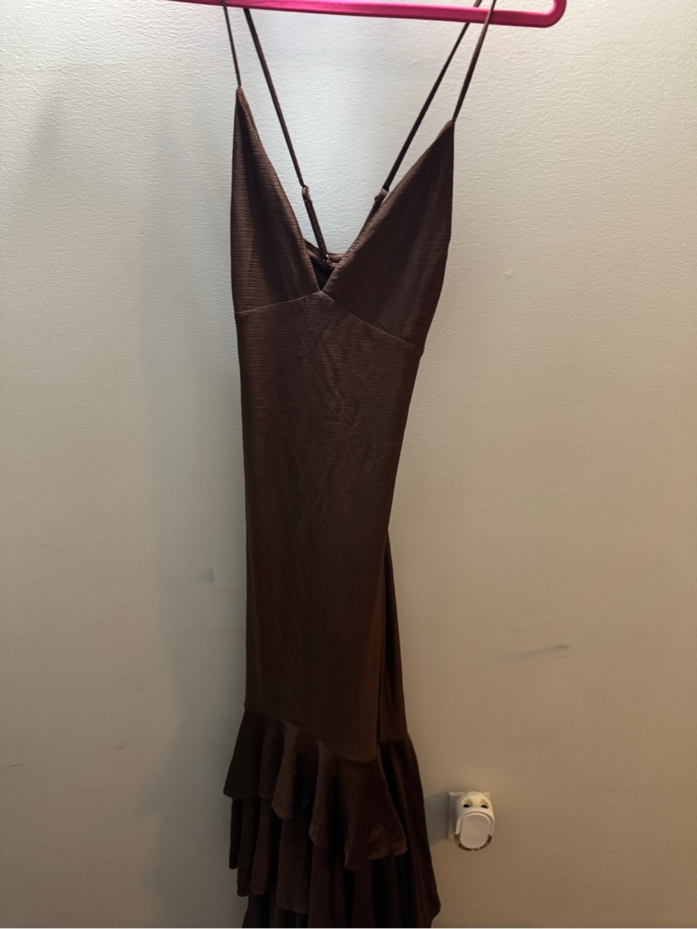 Brown Ruffle-Hem Slip Dress
